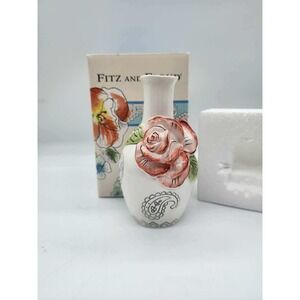 Fitz and Floyd Paisley Rose Ceramic Bud Vase White Pink 3D Floral 5.25 inch